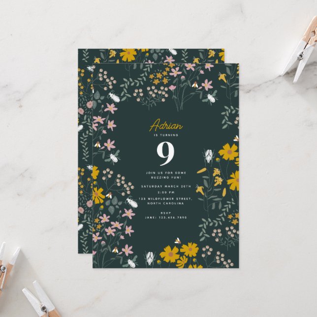 Mustard Floral Bohemian Wildflowers Birthday Invitation (Front/Back In Situ)