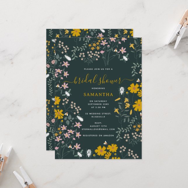 Mustard Floral Bohemian Wildflowers Bridal Shower Invitation (Front/Back In Situ)