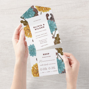Mustard floral jewel tone wedding all in one invit all in one invitation