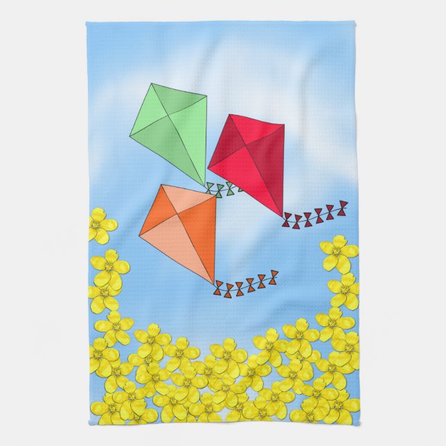 Mustard Flowers and Kites and Clouds Tea Towel (Vertical)