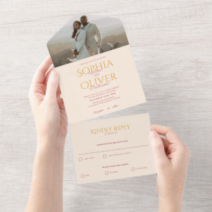 Mustard gold and blush photo wedding all in one invitation