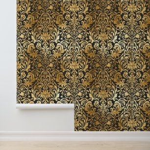 Mustard Gold Black Elegant Floral Wallpaper