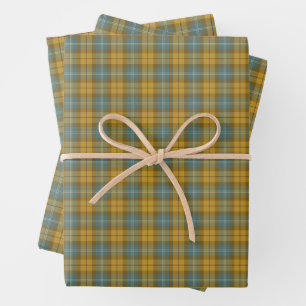 Mustard Gold Dusty Blue Vintage Tartan Plaid Check Wrapping Paper Sheet