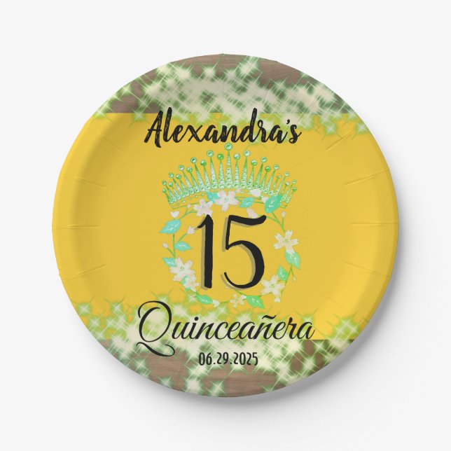 Mustard Gold Elegant Quinceanera Celebration Paper Plate (Front)
