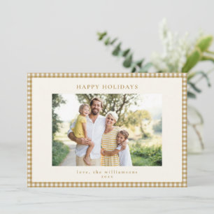 Mustard Gold Gingham Chequered Family Photo Frame Holiday Card