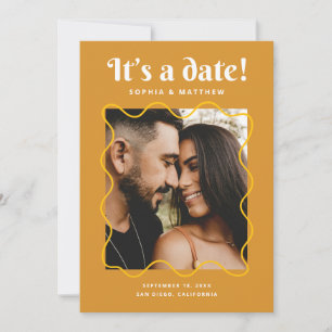 Mustard Gold Retro Wedding Wavy Frame Photo + QR Save The Date