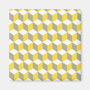 Mustard Grey and White Isometric Cube Pattern Magnet
