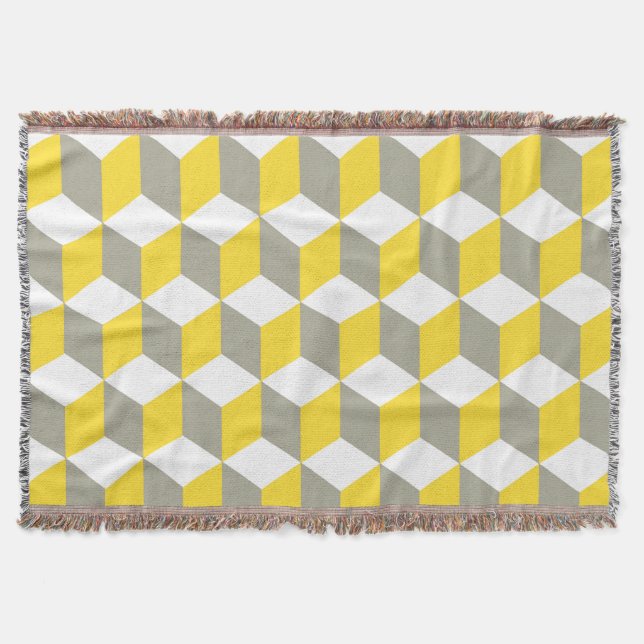 Mustard Grey and White Isometric Cube Pattern Throw Blanket (Front)