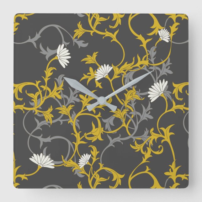 Mustard Grey Floral Square Wall Clock (Front)