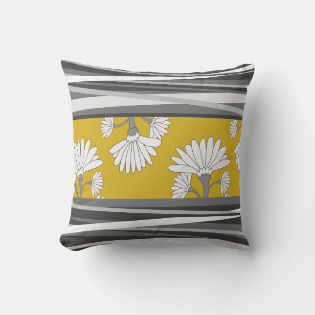 Mustard Greyscale Abstract Floral Cushion (Front)