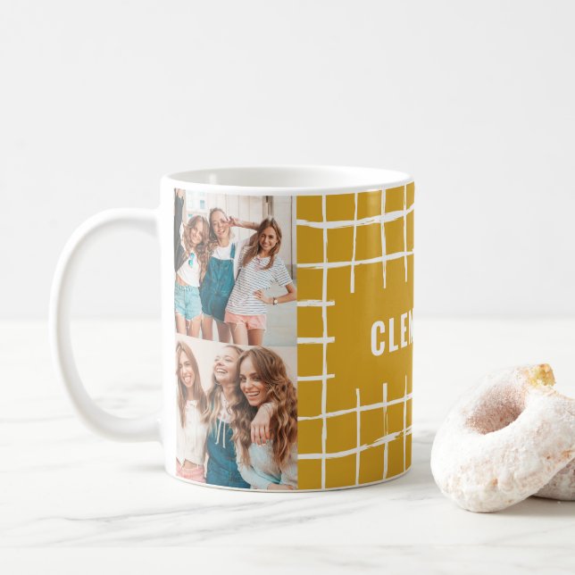 Mustard grid 4 photo modern minimal simple coffee mug (With Donut)