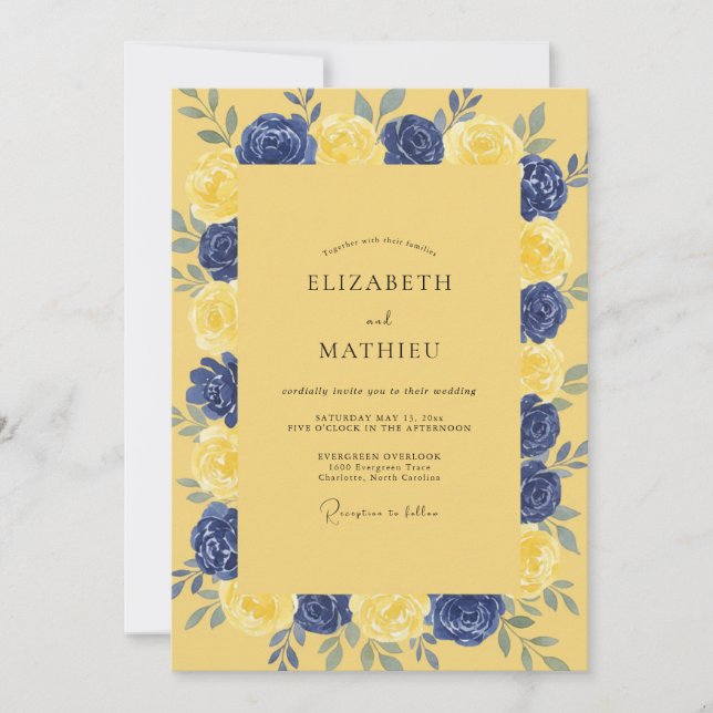 Mustard Indigo Petal Wedding Invitation (Front)