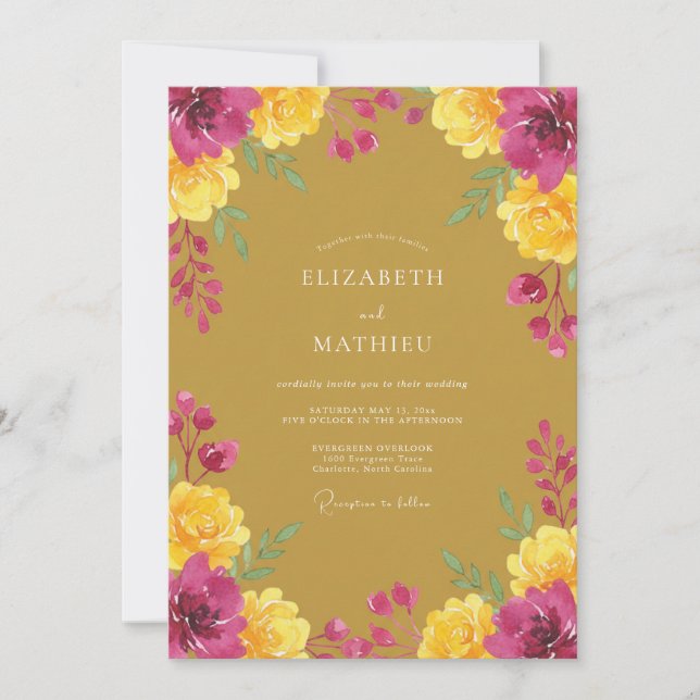 Mustard Magenta Painted Flower Wedding Invitation (Front)