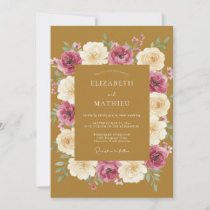 Mustard Magenta Ranunculus Eucalyptus Wedding Invitation