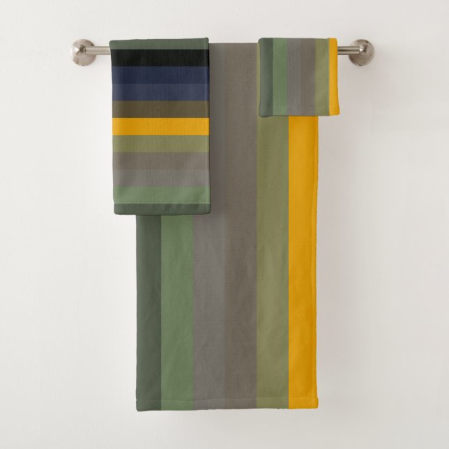 Mustard, Navy & Sage Vertical Stripes Bath Towel Set (Insitu)
