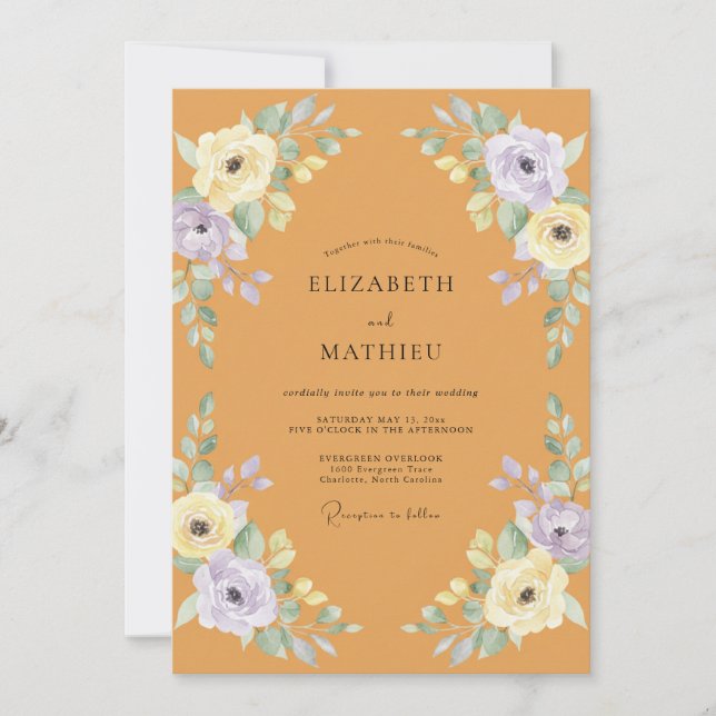 Mustard Pale Lilac Peony Wedding Invitation (Front)