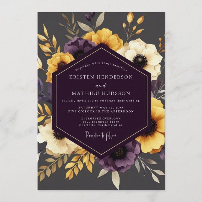 Mustard & Plum Moody Floral Wedding Invitation (Front)