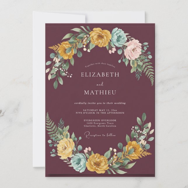 Mustard Plum Ranunculus Muted Eucalyptus Wedding Invitation (Front)
