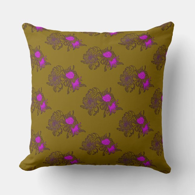 Mustard Purple Floral Pattern Pillow (Front)