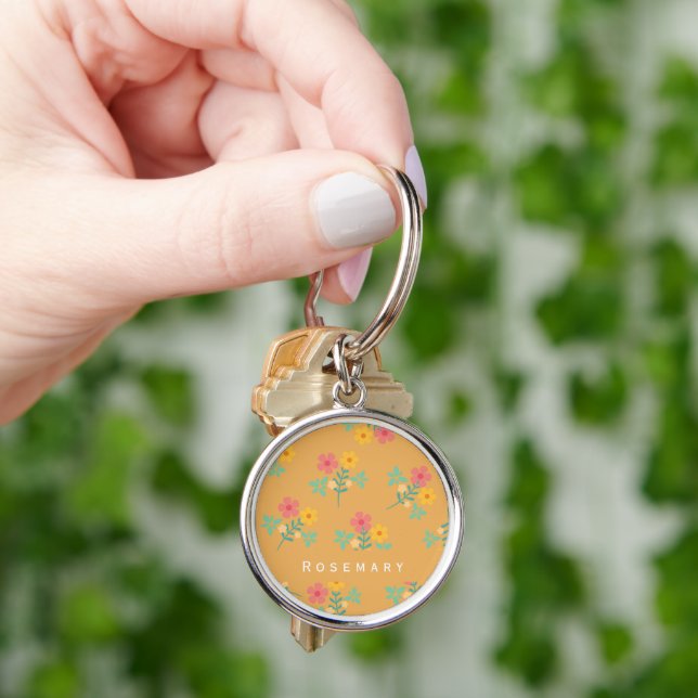 Mustard Retro Daisy Bouquet Pattern Custom Name Key Ring (Hand)