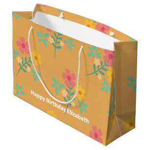 Mustard Retro Daisy Bouquet Pattern Customised Large Gift Bag