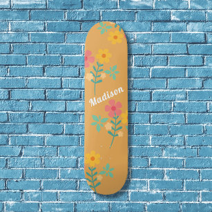 Mustard Retro Daisy Bouquet Pattern Skateboard