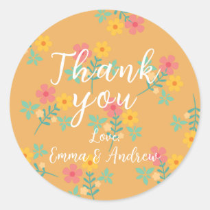 Mustard Retro Daisy Bouquet Pattern Thank You  Classic Round Sticker