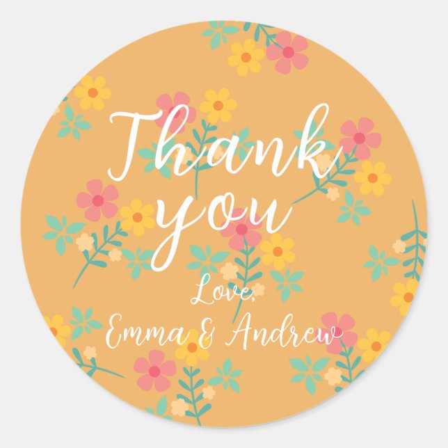 Mustard Retro Daisy Bouquet Pattern Thank You  Classic Round Sticker (Front)
