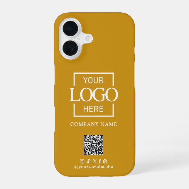 Mustard Stylish Minimalist Business Logo & QR Code iPhone 16 Case (Back)