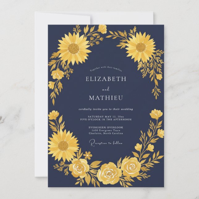 Mustard Sunflower Midnight Eucalyptus Wedding Invitation (Front)