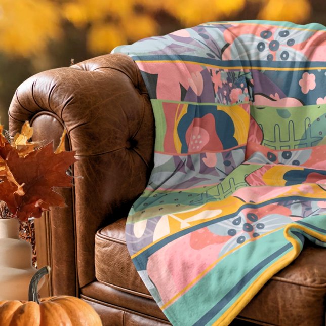 Mustard Teal Fall Floral Patchwork Fleece Blanket (Mustard Teal Fall Floral Patchwork Fleece Blanket – Susanne Sachers - Sunny Mind 🌞)