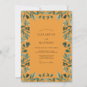 Mustard Teal Foliage Eucalyptus Wedding Invitation