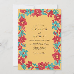 Mustard Teal Poppy Wedding Invitation