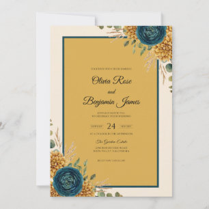Mustard Teal Watercolor Wedding Invitation