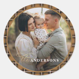 Mustard traditional tartan personalised christmas classic round sticker