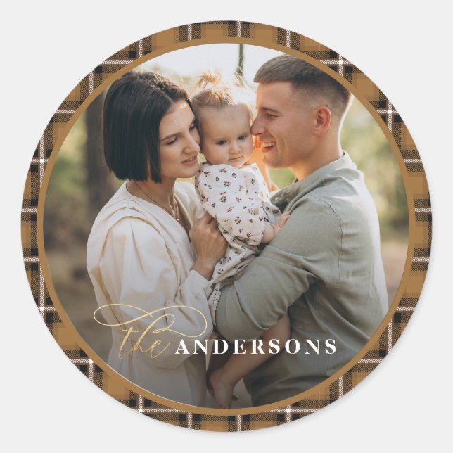 Mustard traditional tartan personalised christmas classic round sticker (Front)