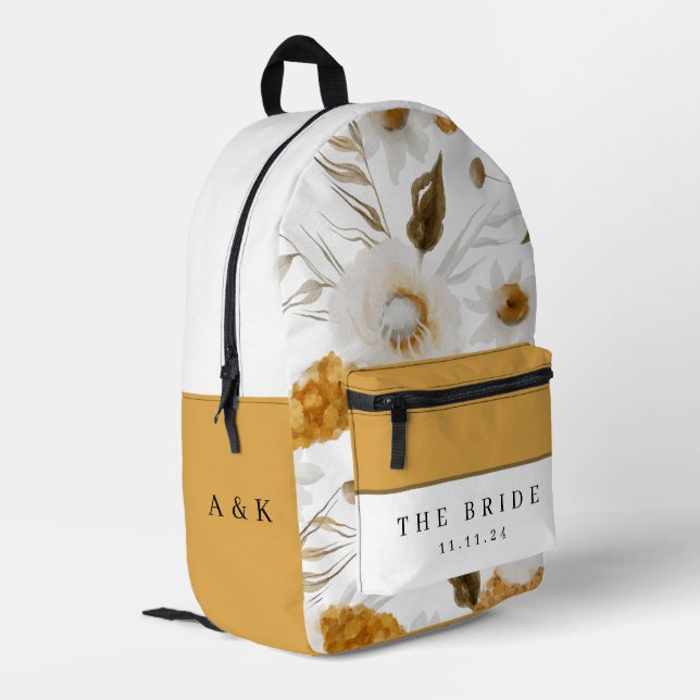 Mustard Watercolor Floral Bride Backpack (Back Corner Left)