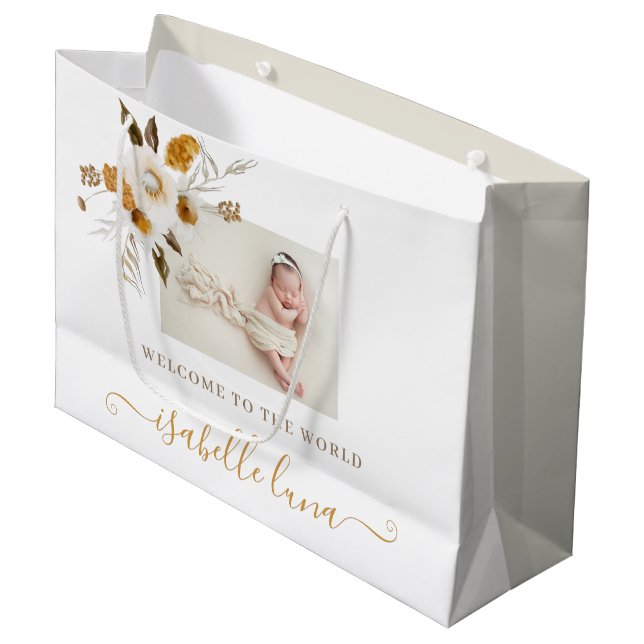 Mustard Watercolor Floral Newborn Gift Bag (Front Angled)