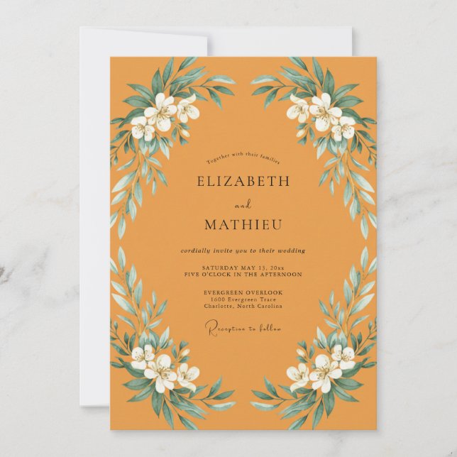 Mustard Watercolor Leafy Wedding Invitation (Front)