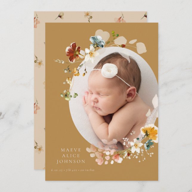 Mustard Wildflower Floral Photo Birth Announcement (Front/Back)