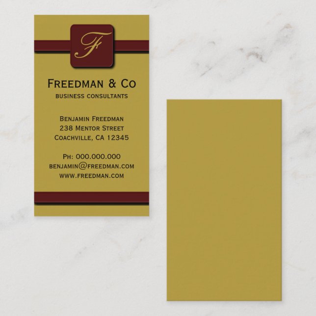 Mustard Yellow and Dark Red Monogram Professional Business Card (Front/Back)