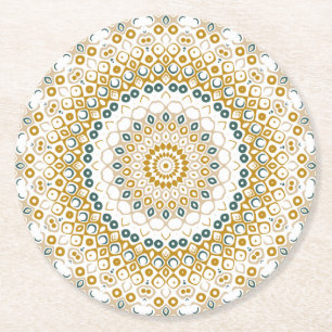 Mustard Yellow and Teal Mandala Design Round Paper Coaster