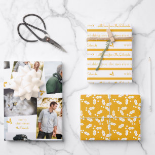 Mustard Yellow and White Modern Holly Sprig Wrapping Paper Sheet
