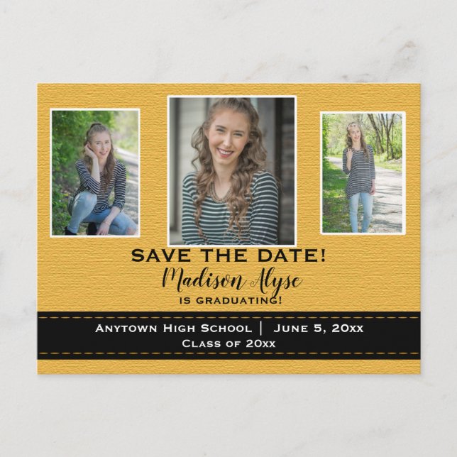 Mustard Yellow Black 3 Photo Grad Save Date Announcement Postcard (Front)