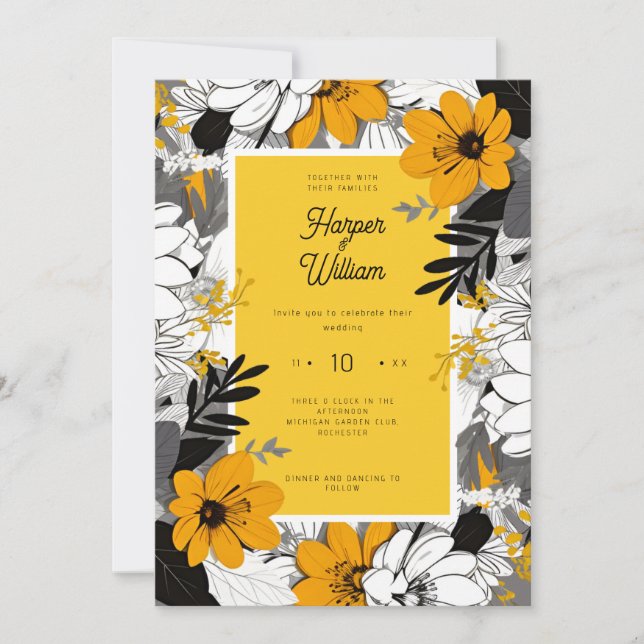 Mustard yellow black and white flowers wedding invitation (Front)