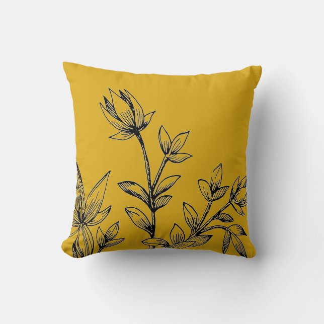 Mustard Yellow & Black Botanical | Rhatany Cushion (Front)