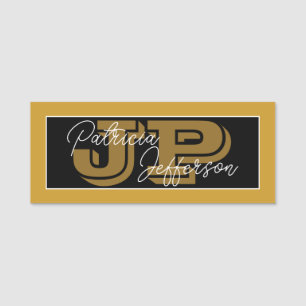 Mustard Yellow & Black Monogram Unique Handwritten Name Tag