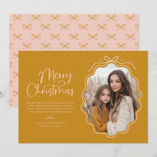 Mustard Yellow Blush Pink Wavy Retro Photo Holiday Card (Front/Back)