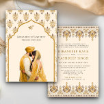 Mustard Yellow Cream Ikat Anand Karaj Sikh Wedding Invitation<br><div class="desc">Amaze your guests with this traditional Sikh wedding invite featuring an elegant illustration of a Punjabi couple with modern typography on beautiful Indian pattern background with arch on the front and traditional Ikat border at the back. Simply add your event details on this easy-to-use template to make it a one-of-a-kind...</div>