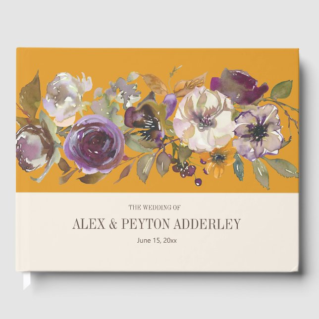 Mustard Yellow Cream Purple Floral Wedding Guest Book (Front)